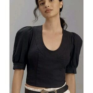 Anthropologie Puff-Sleeve Linen Crop Top Black XS Scoop Neck Side Zip Pleats